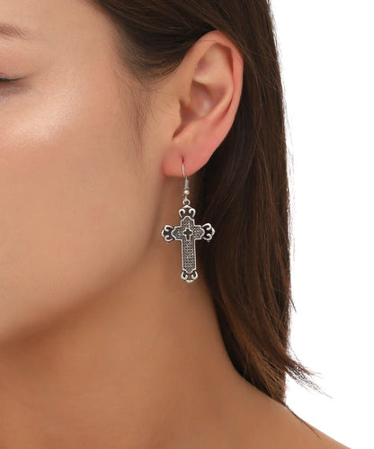 Silver Plated Textured Cross Earrings