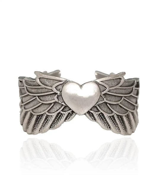 Silver Plated Heart Angel Wing Ring