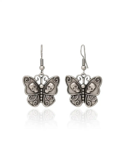 Silver Plated Skull Butterfly Earrings